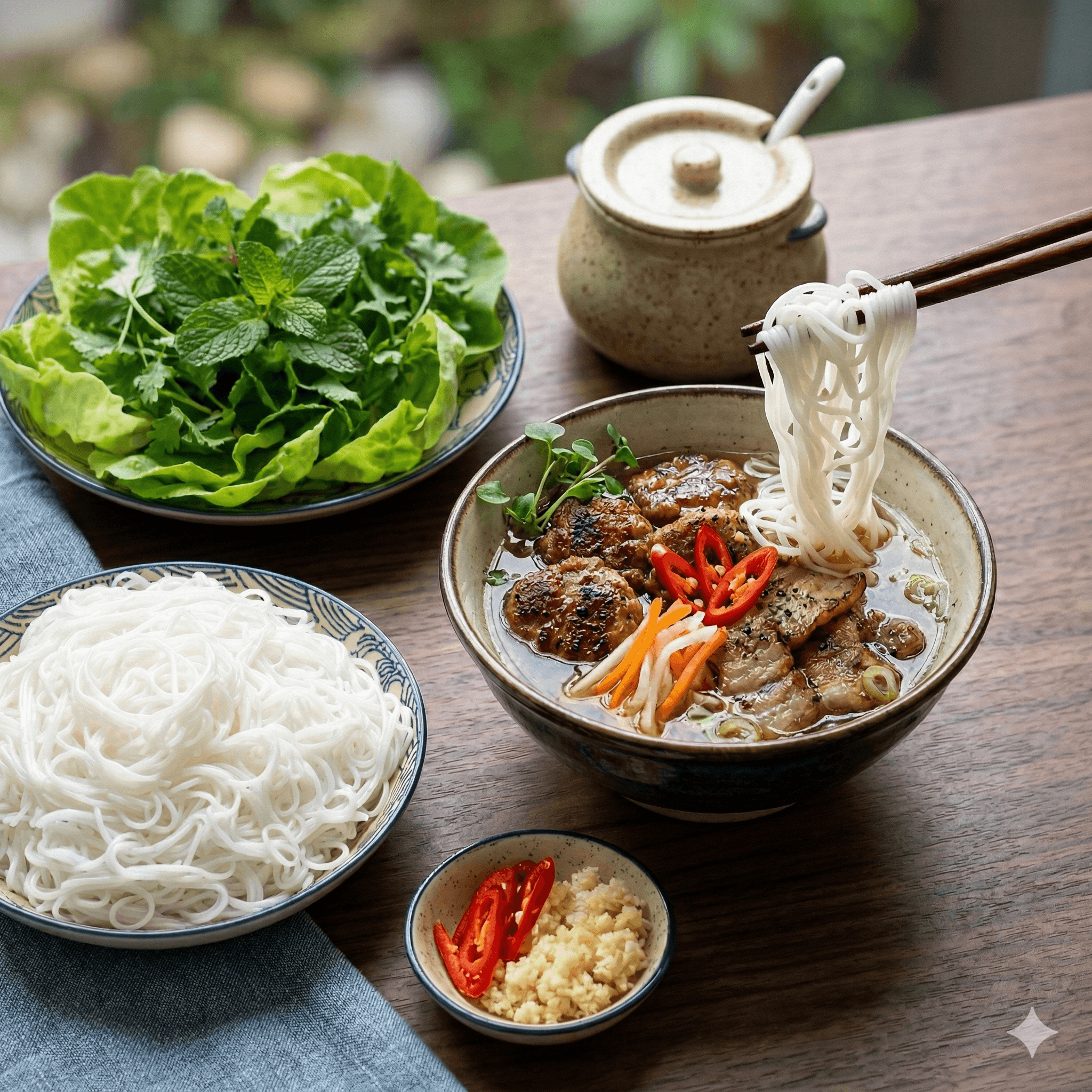 Bún chả style bowl with noodles and grilled pork
